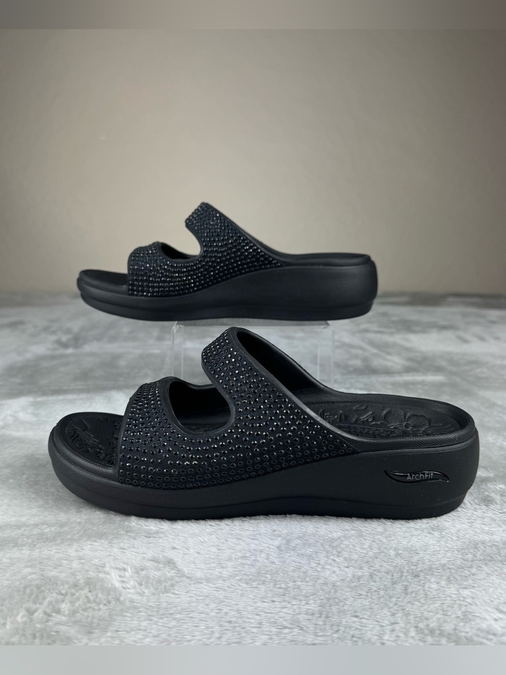 Skechers Foamies Arch Fit Sandals Womens 6 Black Rhinestone Strap Slides